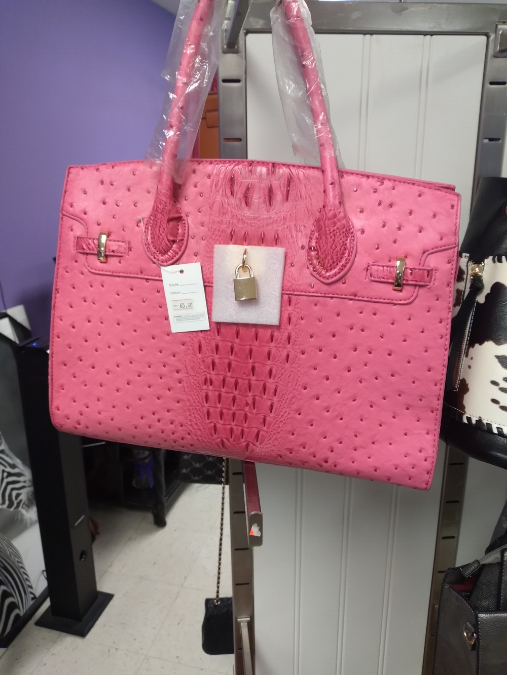 Pink Faux-Ostrich Structured Tote Bag with Padlock